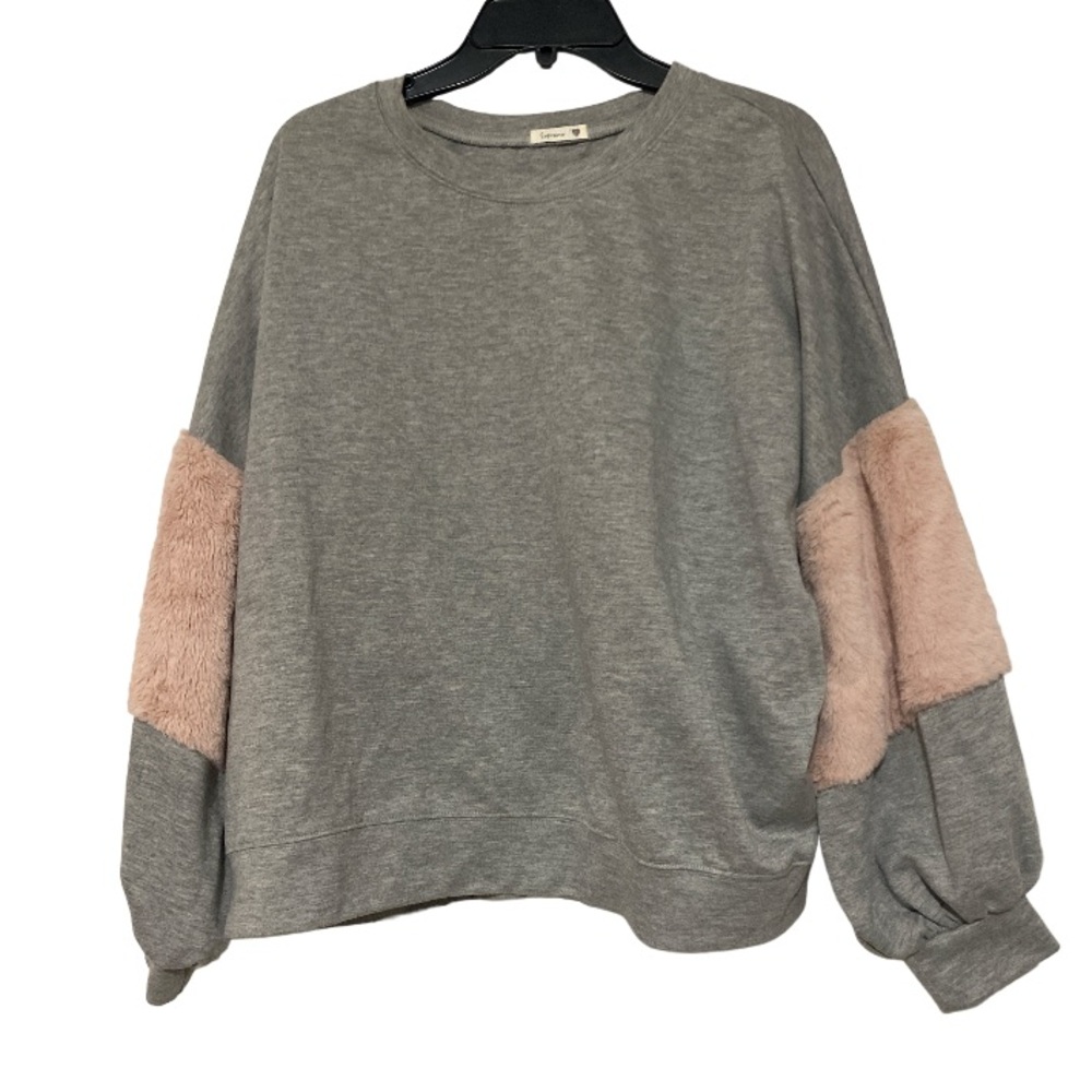 Soprano Grey Gray Pink Furry Sherpa Fuzzy Sweater Long Sleeve Comfortable - L